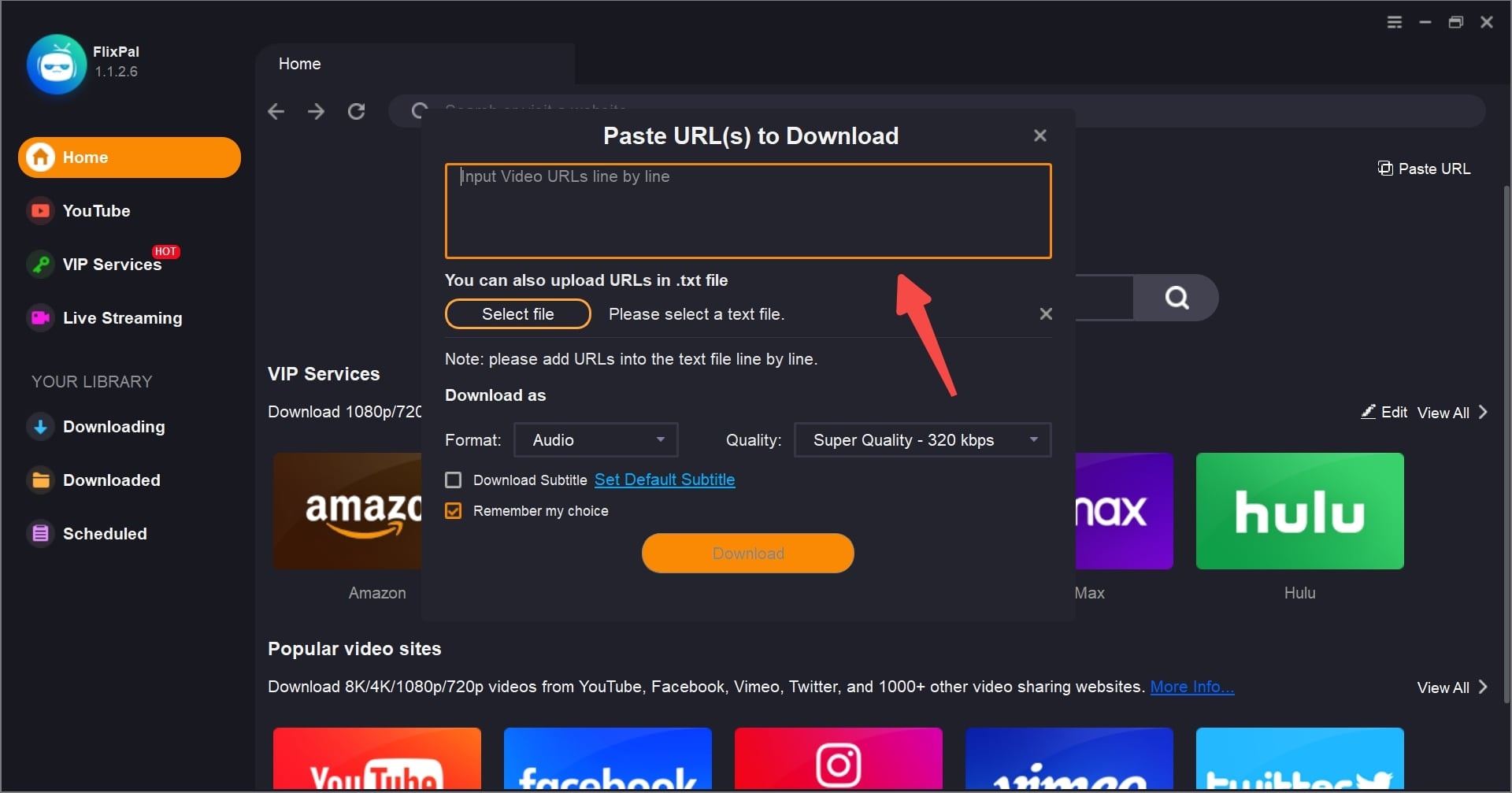 Play the video you wish to save. FlixPal will automatically analyze the content and pop up a download window. Select your desired resolution (up to 1080p) and subtitles.